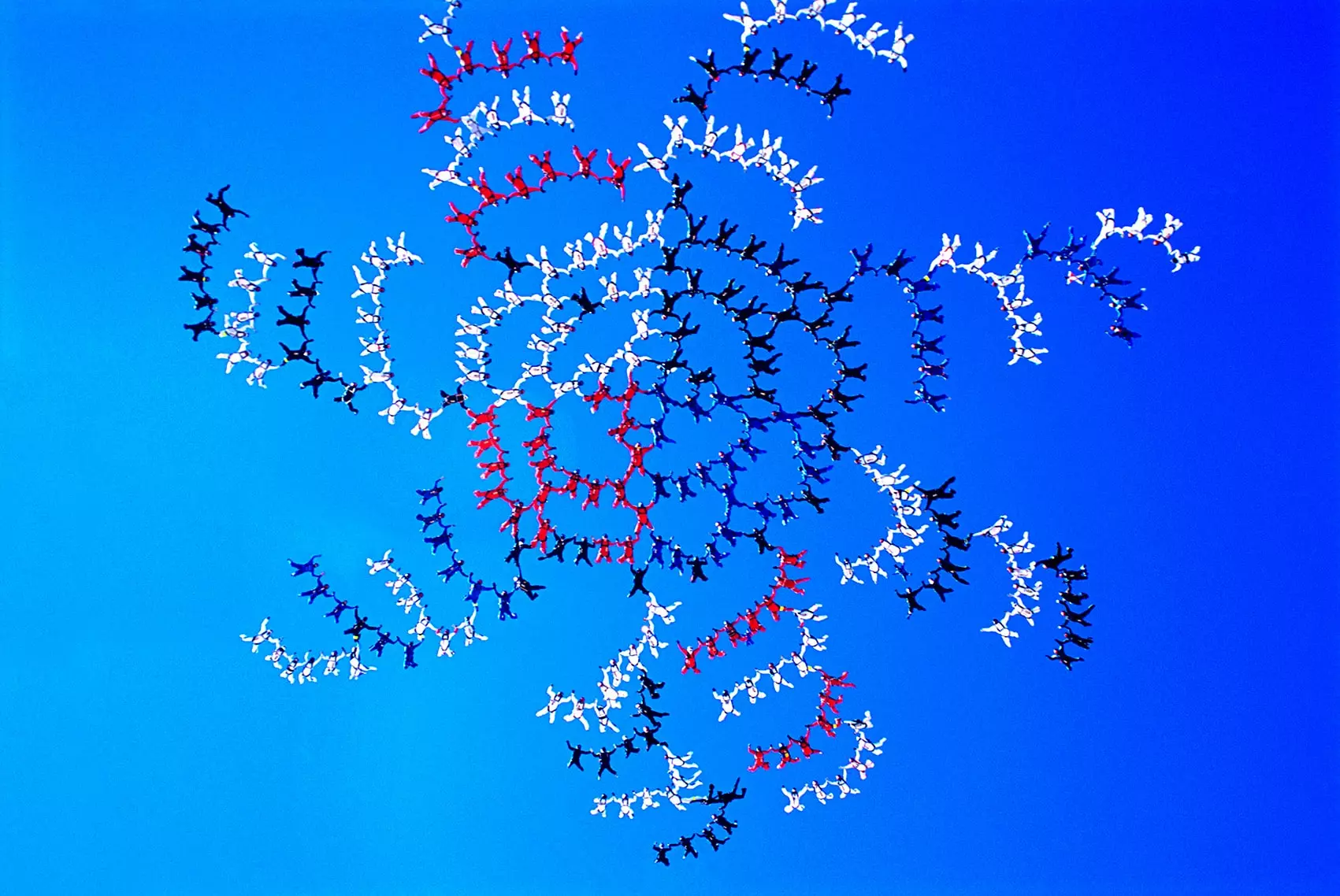 Skydivers in red, white and blue forming a swirling pattern