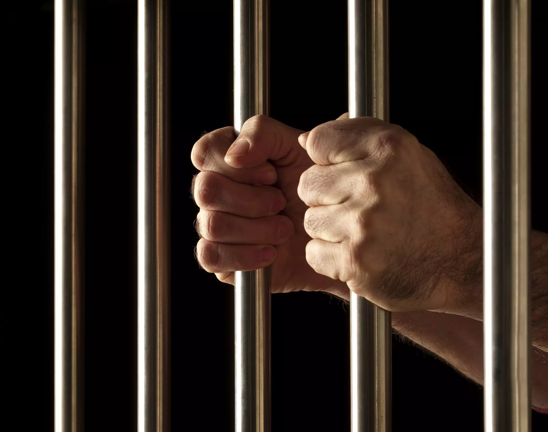 Two hands grasp the metal bars of a cage