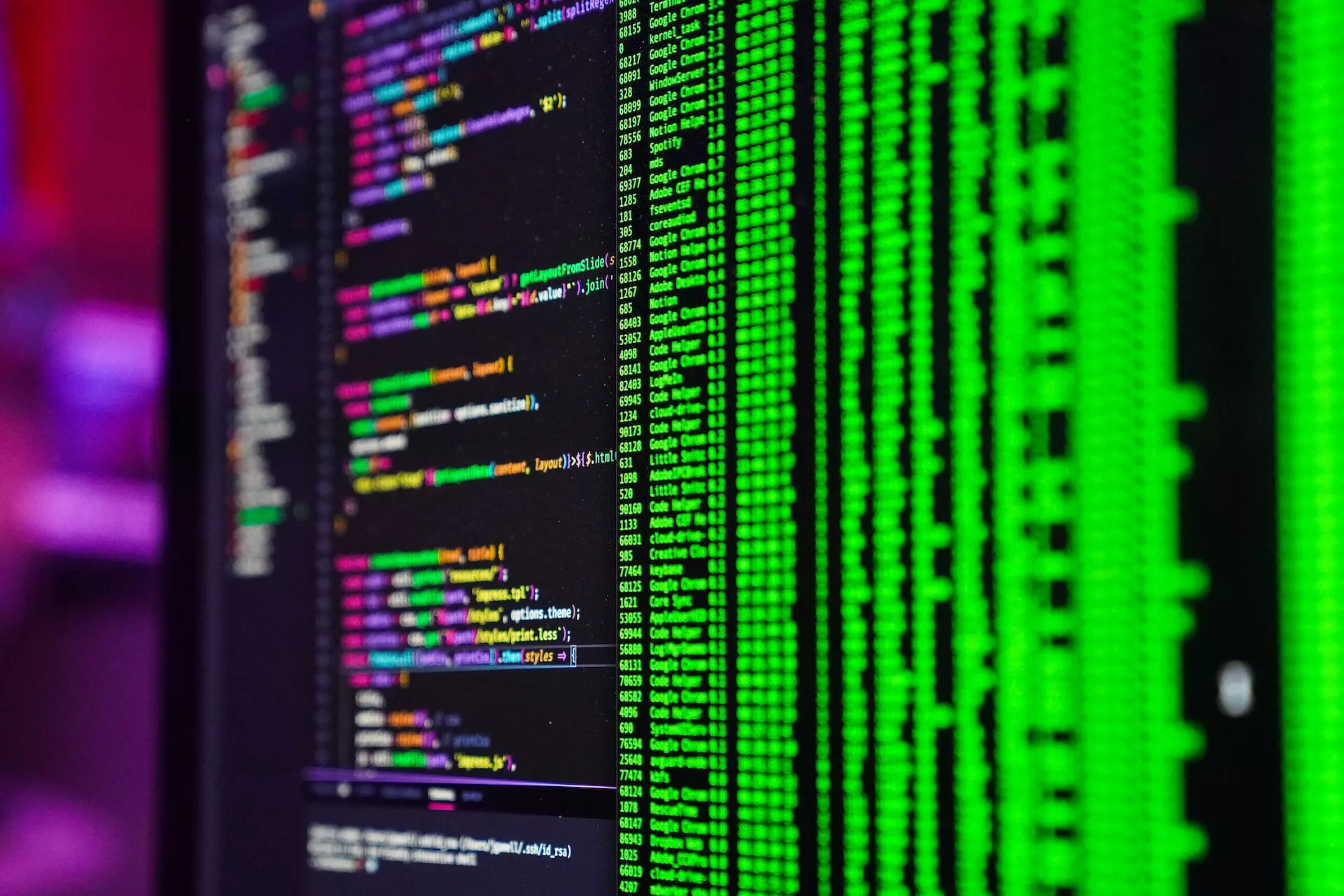 A computer screen showing reams of colourful computer code and data