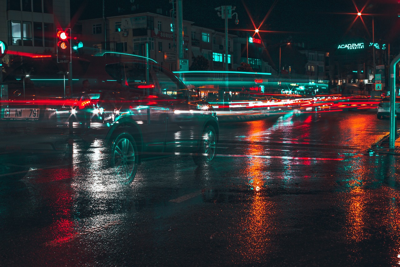 Car lights at night time lapse
